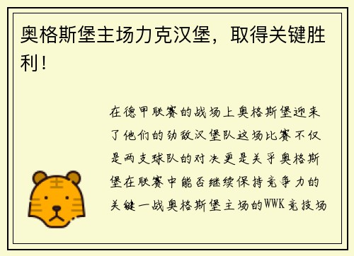奥格斯堡主场力克汉堡，取得关键胜利！