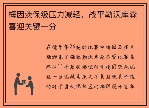 梅因茨保级压力减轻，战平勒沃库森喜迎关键一分